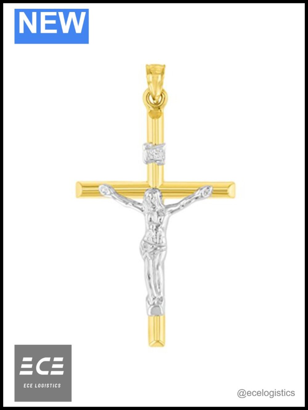 14K Yellow Gold INRI Crucifix Tubular Simple Cross Pendant